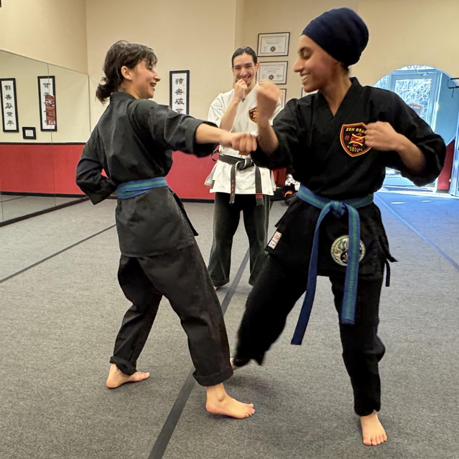Mom and daughter training together in martial arts partner work. Family martial arts classes include kids martial arts classes, martial arts for teens, and adult martial arts classes. Programs feature karate near me, kung fu classes, jiu jitsu near me, kickboxing classes, and women’s self-defense near me. Training builds confidence, discipline, and self-defense skills for all ages.